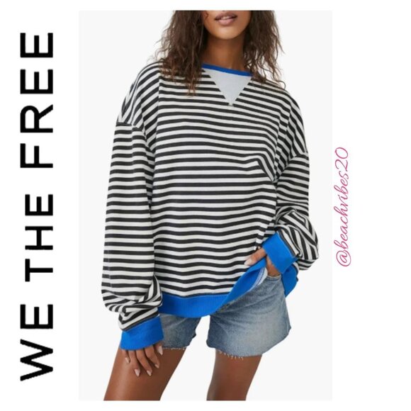 WE THE FREE BY FREE PEOPLE Classic Stiped Oversized Crewneck Black Combo S NWOT - Picture 9 of 10